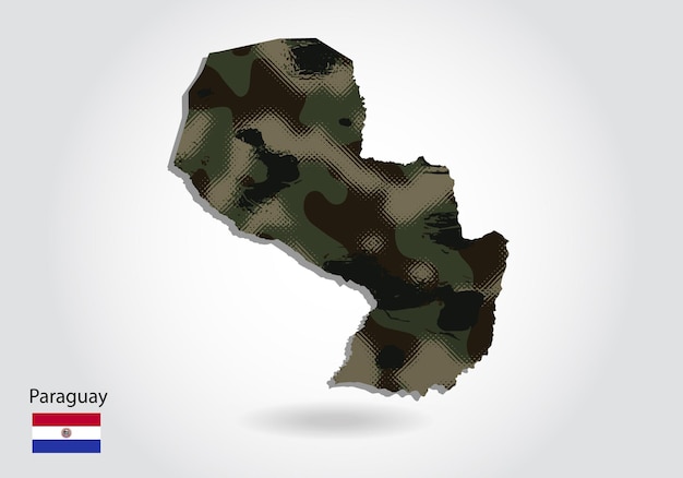 위장 패턴이 있는 파라과이 지도 지도의 숲 녹색 질감 육군 군인 및 전쟁 국장 플래그에 대한 군사 개념