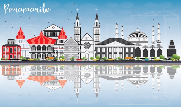 Vettore orizzonte di paramaribo con edifici grigi, cielo blu e riflessi. illustrazione di vettore. viaggi d'affari e concetto di turismo con architettura moderna. immagine per presentazione banner cartellone e sito web.