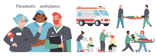 Vector paramedic ambulance emergency medical set flat vector illustration isolated