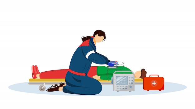 Vector paramedic giving first aid with defibrillator  illustration. emergency doctor, medic and injured patient cartoon characters. reanimation, urgency care medical specialist, rescuer  on white