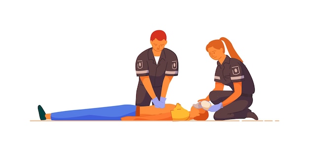 Paramedic giving indirect heart massage first aid to patient