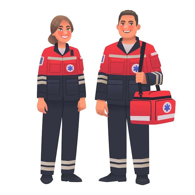 Vettore paramedici uomo e donna vestiti in uniforme operatori ambulanza illustrazione vettoriale in stile cartone animato