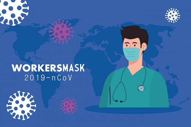 Paramedicus die medisch masker draagt tegen het ontwerp van de ncovillustratie van 2019