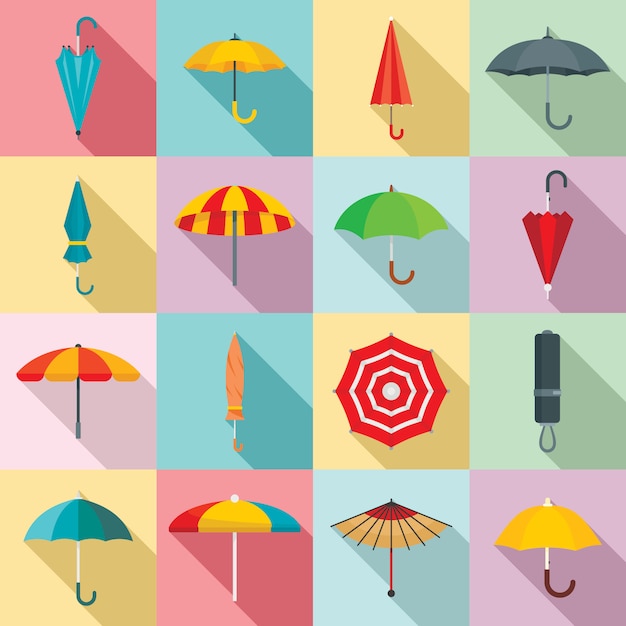 Paraplu iconen set, vlakke stijl