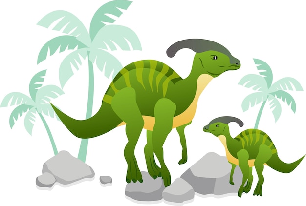 Vector parasaurolophus dinosaur vector illustration with palms and stones