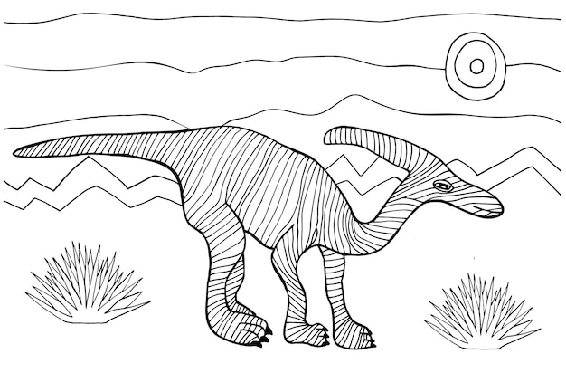 Parasaurolophus 벡터 색칠 페이지 손으로 그린 공룡 그림 어린이와 성인을위한 색칠하기 책