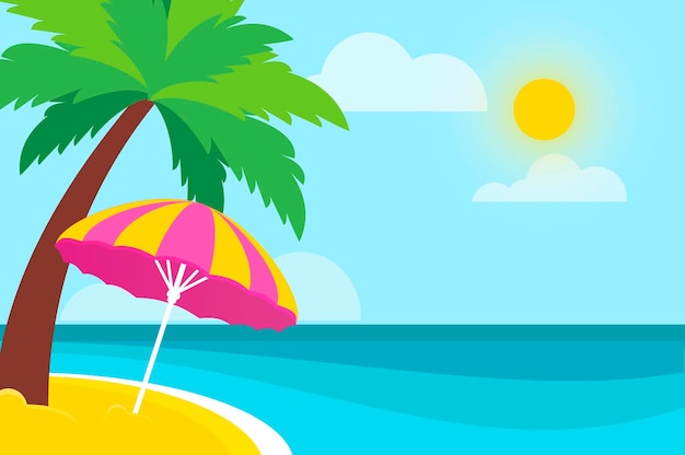 Parasol under the palm tree on seashore time to travel tropical summer holidays flat vector