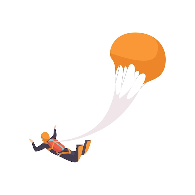 Парашютист, летящий с парашютом, прыжки с парашютом, вектор экстремальных видов спорта. Иллюстрация изолирована на белом фоне.