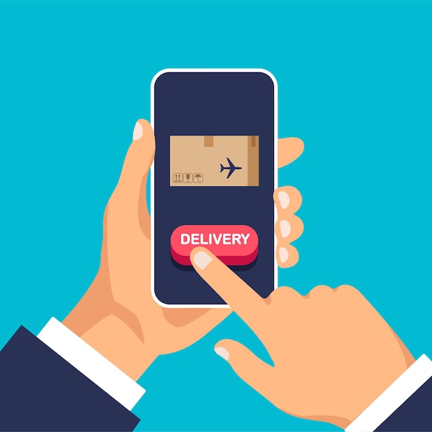 Parcel avia delivery service Man use app and click on the phone Vector illustration isolated