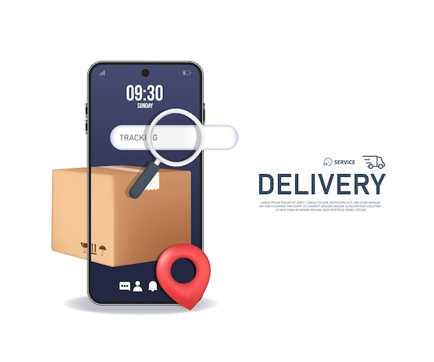 Вектор Коробка посылки или картонная коробка с красной панелью поиска местоположения булавки с концепцией smartphone 3d