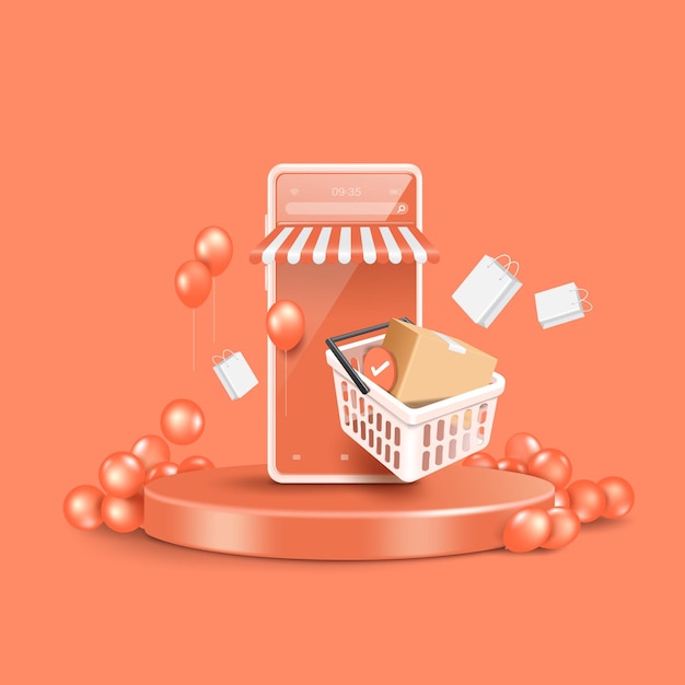 Parcel box and order confirmation icon are in white shopping cart and floating in front of the smartphone shop And it's all placed on a round podiumvector 3d isolated on orange pastel backgroud