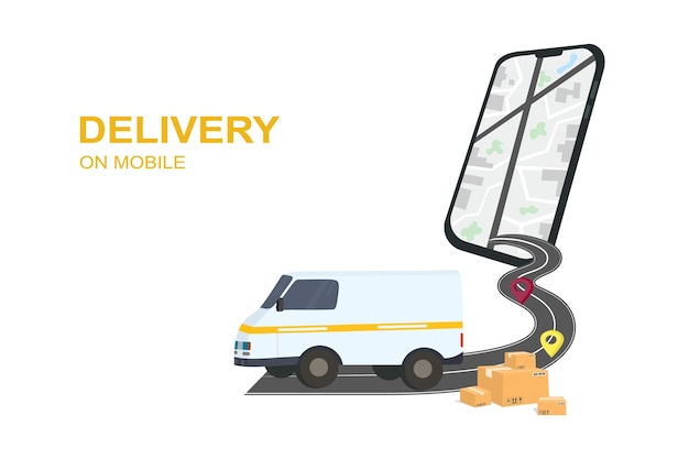 Parcel and mail and goods delivery service illustration review smartphone with yellow delivery truck parcel route map on screens Vector illustration