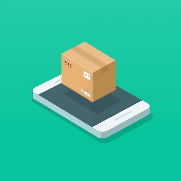 Parcel package box on mobile phone or cellphone illustration 