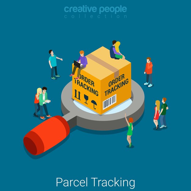 Parcel package order tracking flat isometric business online store shop delivery concept  big box on magnifier and micro customers.