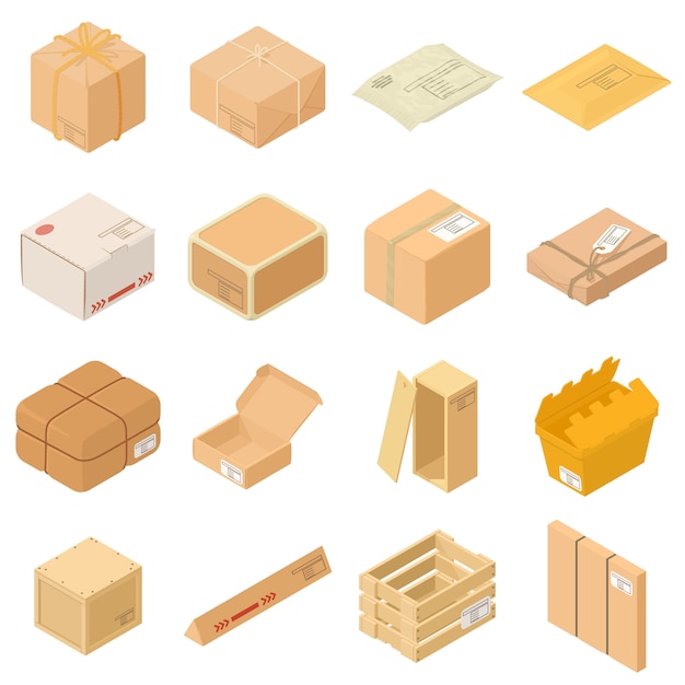 Parcel packaging box icons set. Isometric illustration of 16 parcel packaging box vector icons for web