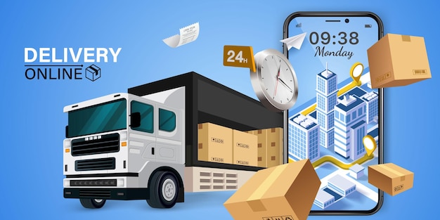 Vettore il camion di consegna dell'app di tracciamento pacchi con cassone di carico è su un telefono cellulare ispezione pacchi online