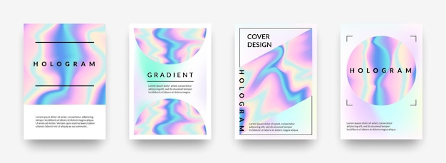 Parelmoer posters abstracte holografische regenboog metalen gradiënt violet en roze hologram geometrische vormen Vector 90s mesh horizontale minimalistische achtergrond set met kopie ruimte