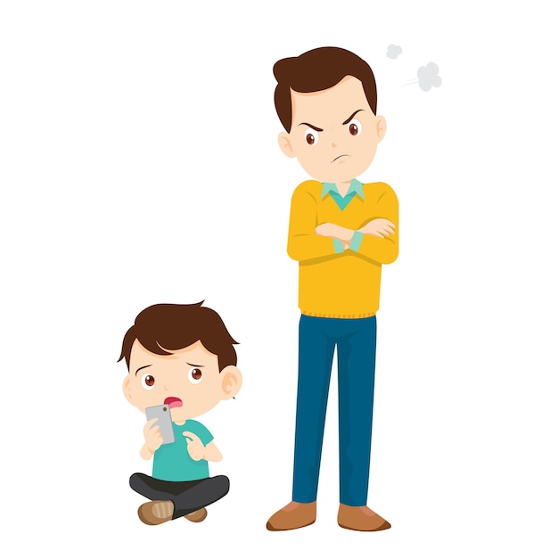 Vettore genitore arrabbiato con il figlio dipendente dal telefono