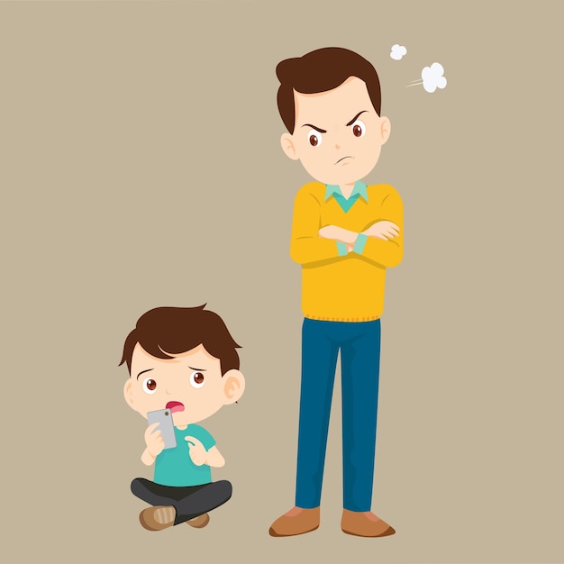 Vector parent angry to kid addicted phone