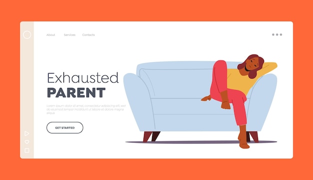 Parent Burnout Stress or Depression Landing Page Template Tired African Woman Sitting on Sofa with Closed Eyes Sleep or Nap Sleeping Female Character Tiredness Cartoon People Vector Illustration