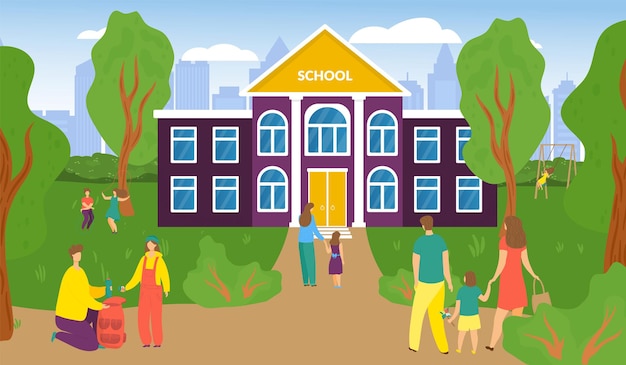 Vector parent character together back school with young children urban academy city garden park flat vector...