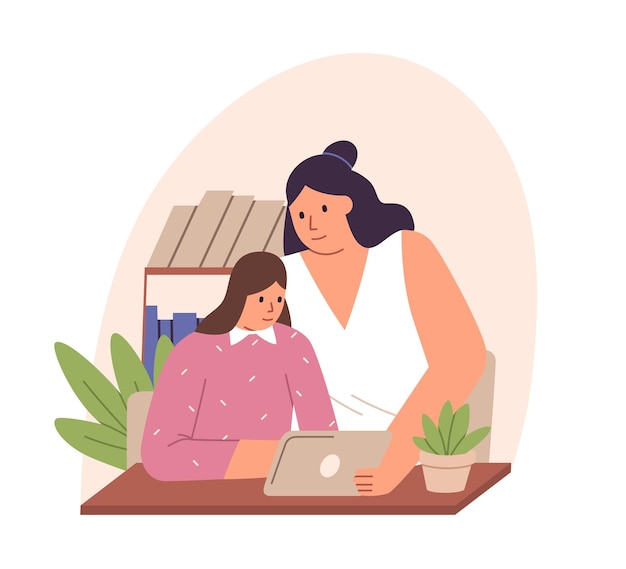 Parent and child sitting at desk with tablet PC, studying online together. Mother and kid watching, reading and learning smth. at home. Flat vector illustration of mom and daughter isolated on white