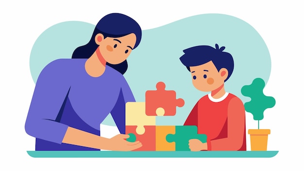 Vector a parent and child working on a puzzle together with the parent offering guidance and support but