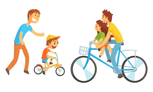 Vector parent cycling with his kid vector illustration