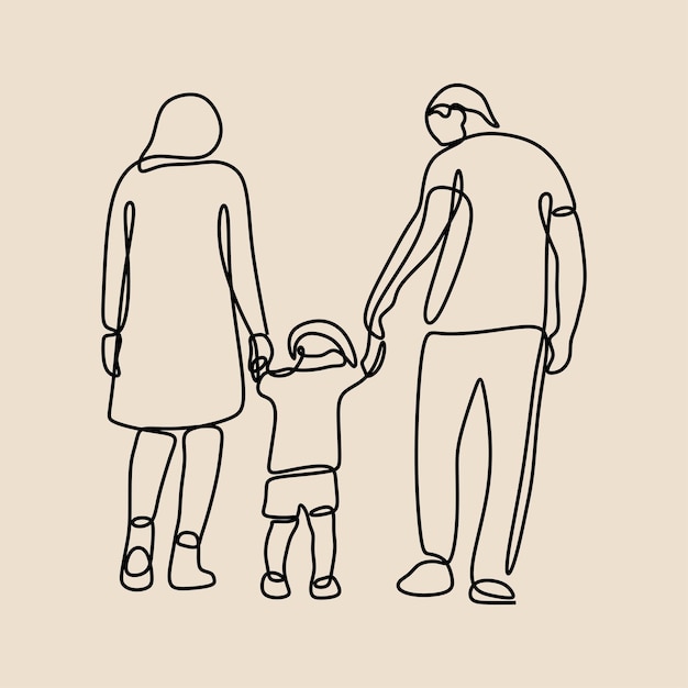 Parent holding son hand oneline continuous single line art