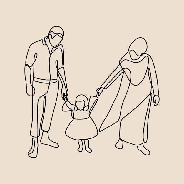 Parent holding son hand oneline continuous single line art