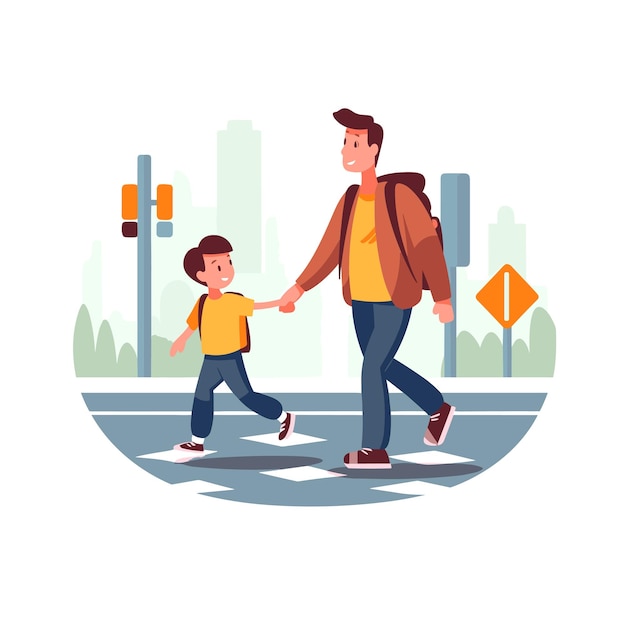 Vector parent holding their child's hand crossing the road vector illustration