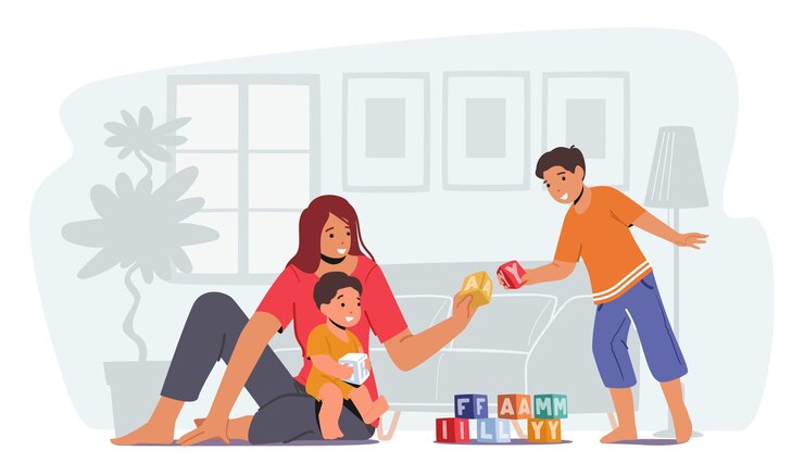 Родитель играет с детьми, счастливый семейный отдых. Любящая мама и веселые дети свободное время. Мать и маленькие сыновья играют с игрушками. Сидят на полу. Женщины и мальчики весело. Векторные иллюстрации шаржа