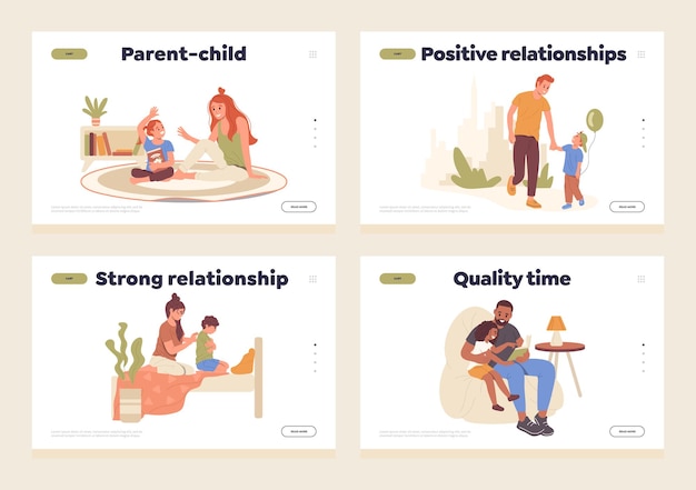 Parent with children strong relationship and quality time landing page design template set