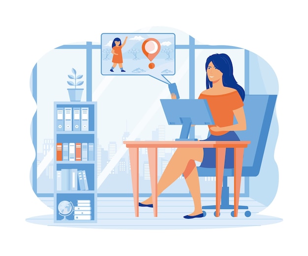 Vector parental control app mom in the office checks her daughters location using smart phone flat vector modern illustration