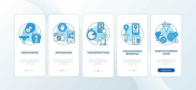 Elementi di monitoraggio parentale che eseguono l'onboarding della schermata della pagina dell'app mobile con concetti