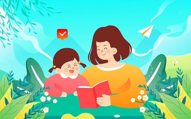 Parentchild education reading illustration spring school mother and child reading activity poster