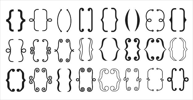 벡터 괄호 텍스트 괄호 원형과 사각형 라인 프레임 벡터 아이콘 괄호 테두리 빈티지 낙서 테두리와 프레임 분할기의 곱슬 디자인 인쇄술 화려한 장식 기호