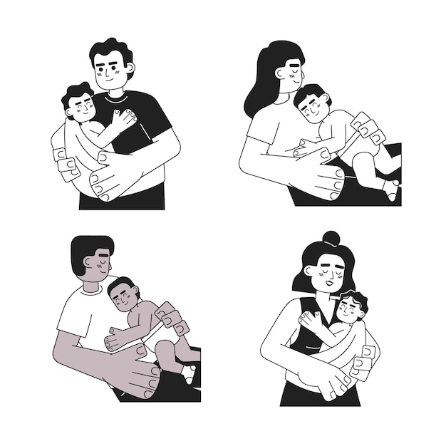 Vector parenthood monochrome concept vector spot illustrations set parents taking care of babies toddlers 2d flat bw cartoon characters for web ui design isolated editable hand drawn hero images pack