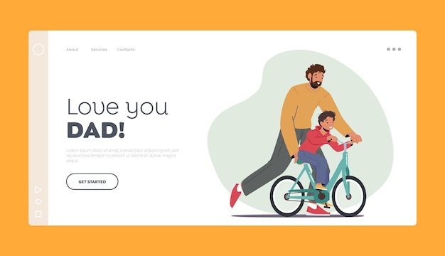 Parenting Fatherhood Landing Page Template Happy Family Characters Activity Dad Teach Son to Ride Bike