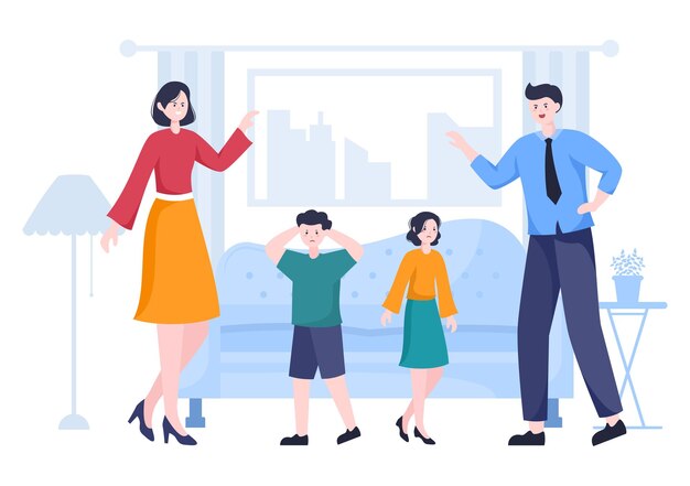 parenting of mother, father and kids embracing each other in loving family. cute cartoon background vector illustration for banner or psychology
