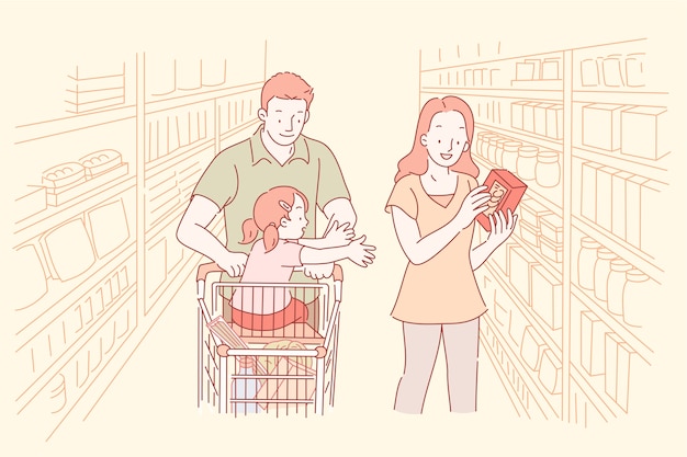 両親とその子供がスーパーマーケットでラインスタイルで買い物をする