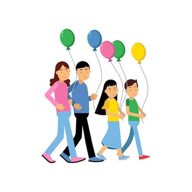 カラフルな風船で歩く親と2人の子供、白い背景で隔離幸せな家族の概念ベクトル図