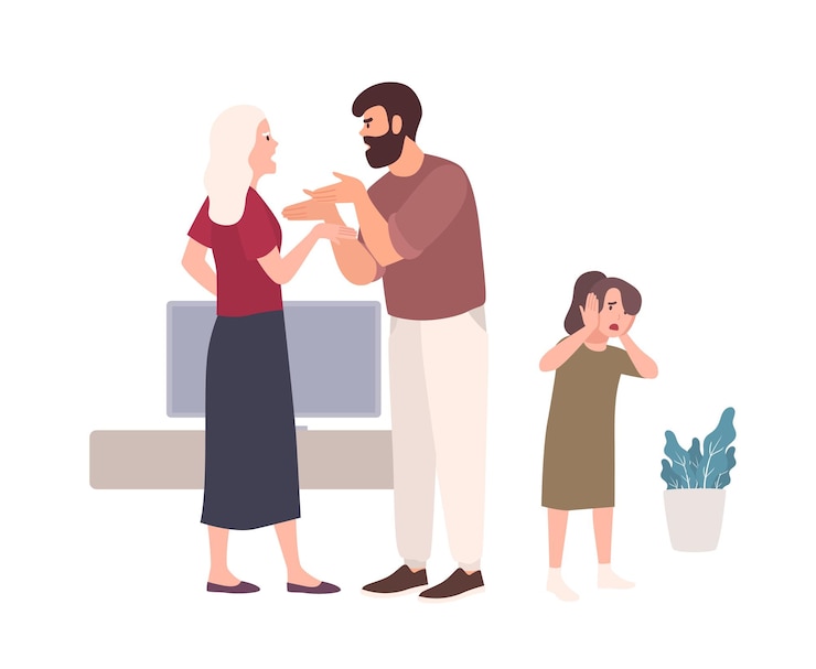 Vector parents brawling and quarreling in presence of daughter. husband shouting at wife or offending her. problem or conflict in family. domestic abuse, unhappy marriage. flat cartoon vector illustration.