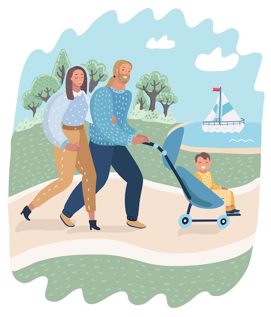 Vector parents and child in pram or carriage walk in park