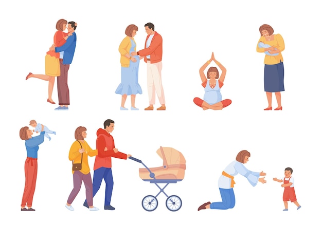 Genitori parto genitore coccole bambini mamma abbraccio nuovo bambino gravidanza e maternità coppia con bambini passeggino madre sorridente felice giovane famiglia sciccoso illustrazione vettoriale