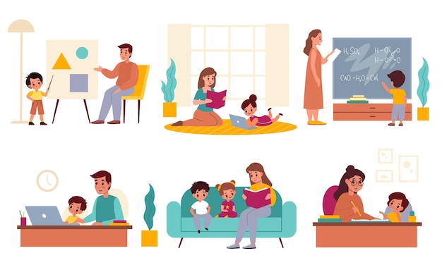 ベクトル 学習する親の子供たち父親と母親が子供たちの宿題を手伝う家庭学習プロセス母親と父親が教える家族のオンライン教育概念ベクトル漫画のシーンセット