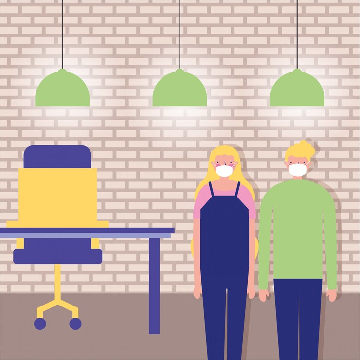 Vector parents couple using face masks for  in the office  illustration 