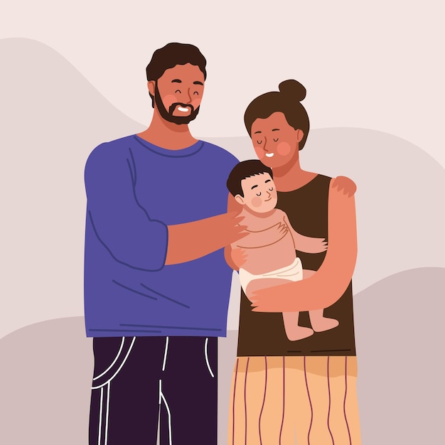 Parents couple with baby characters