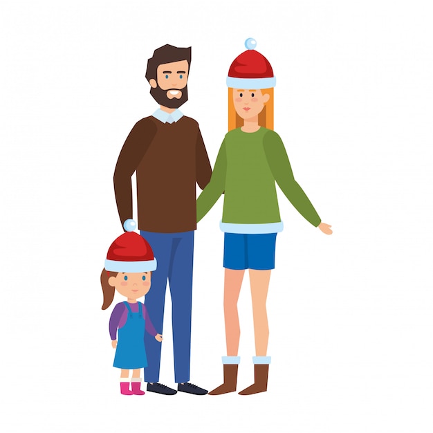 Vector parents couple with daughter with winter clothes