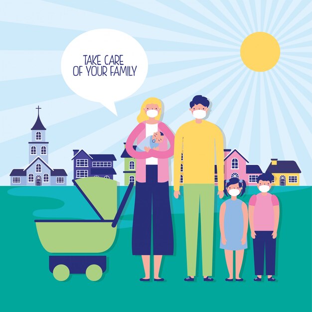 parents couple with kids and baby cart using face masks  illustration 